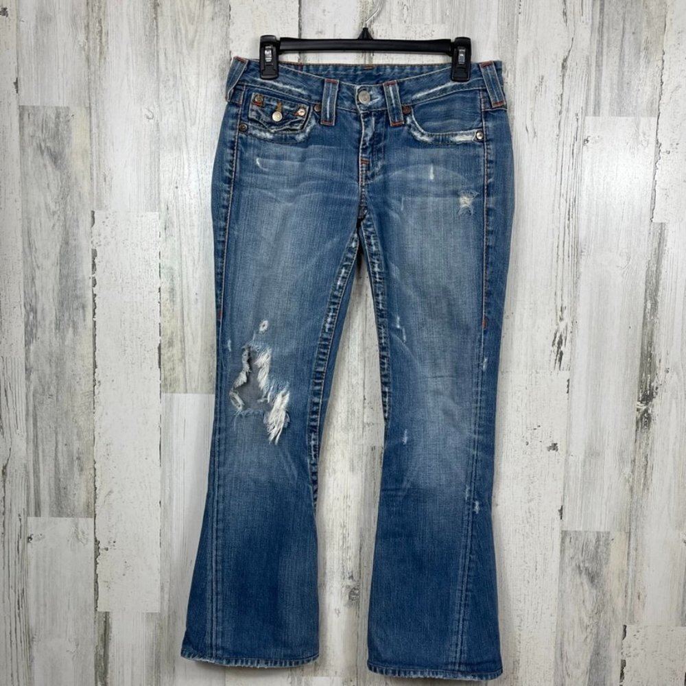 True Religion Y2K vintage denim jeans flare leg distressed low rise blue size 27
